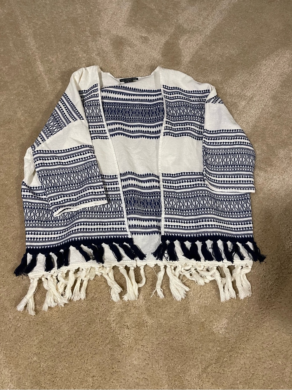 Boho Fringe Open-Front Sweater Cardigan - Navy & White